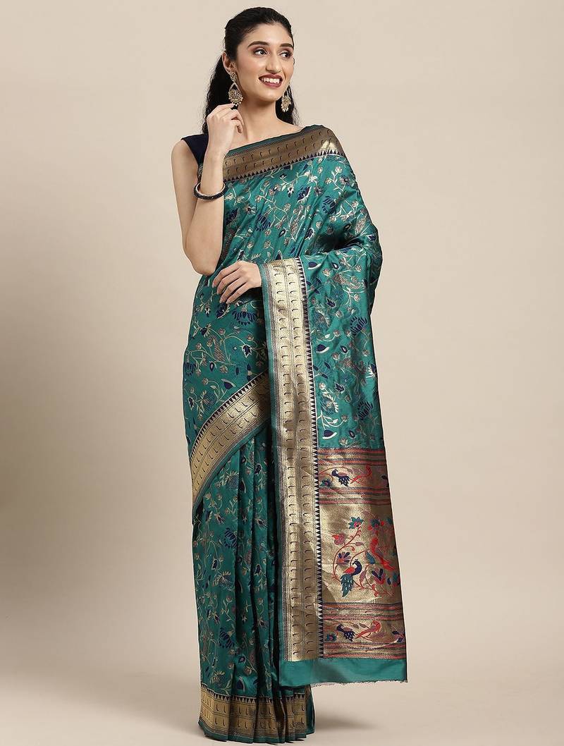 green green floral zari silk blend paithani saree