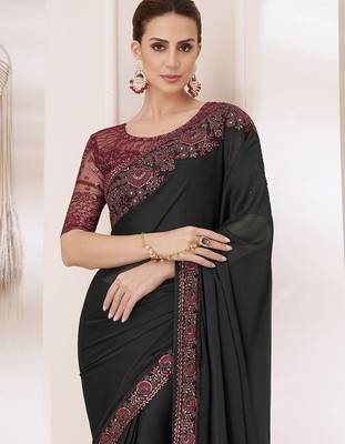 black embellished ombre sequinned pure chiffon saree 1