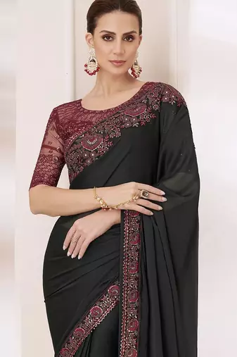 black embellished ombre sequinned pure chiffon saree