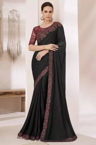 black embellished ombre sequinned pure chiffon saree