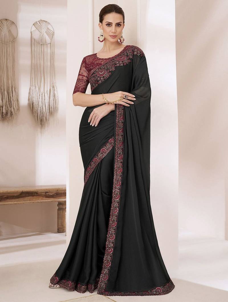 black embellished ombre sequinned pure chiffon saree