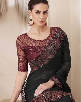 black embellished ombre sequinned pure chiffon saree 3