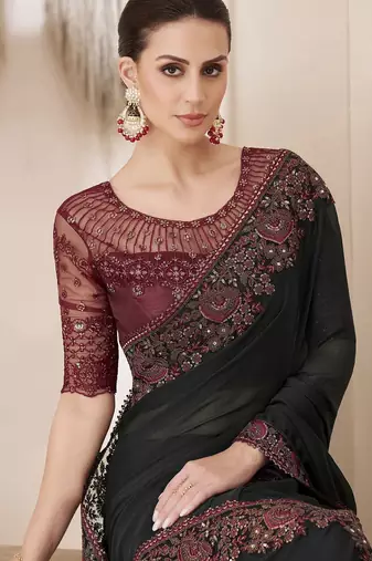black embellished ombre sequinned pure chiffon saree