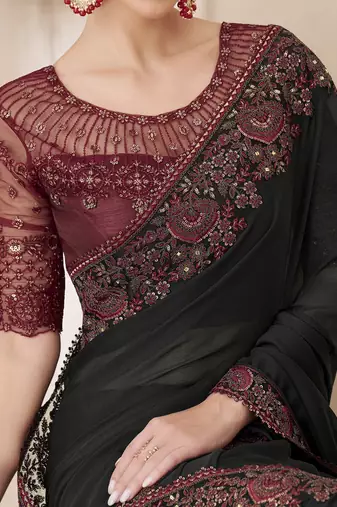 black embellished ombre sequinned pure chiffon saree