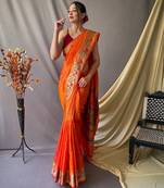 orange orange & green ethnic motif woven design zari paithani saree