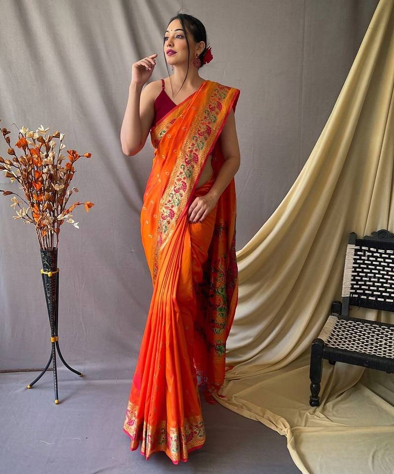 orange orange & green ethnic motif woven design zari paithani saree
