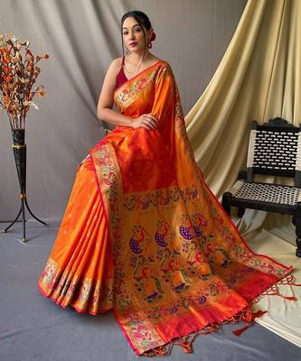 orange orange & green ethnic motif woven design zari paithani saree 2