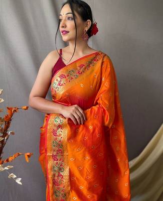 orange orange & green ethnic motif woven design zari paithani saree 3