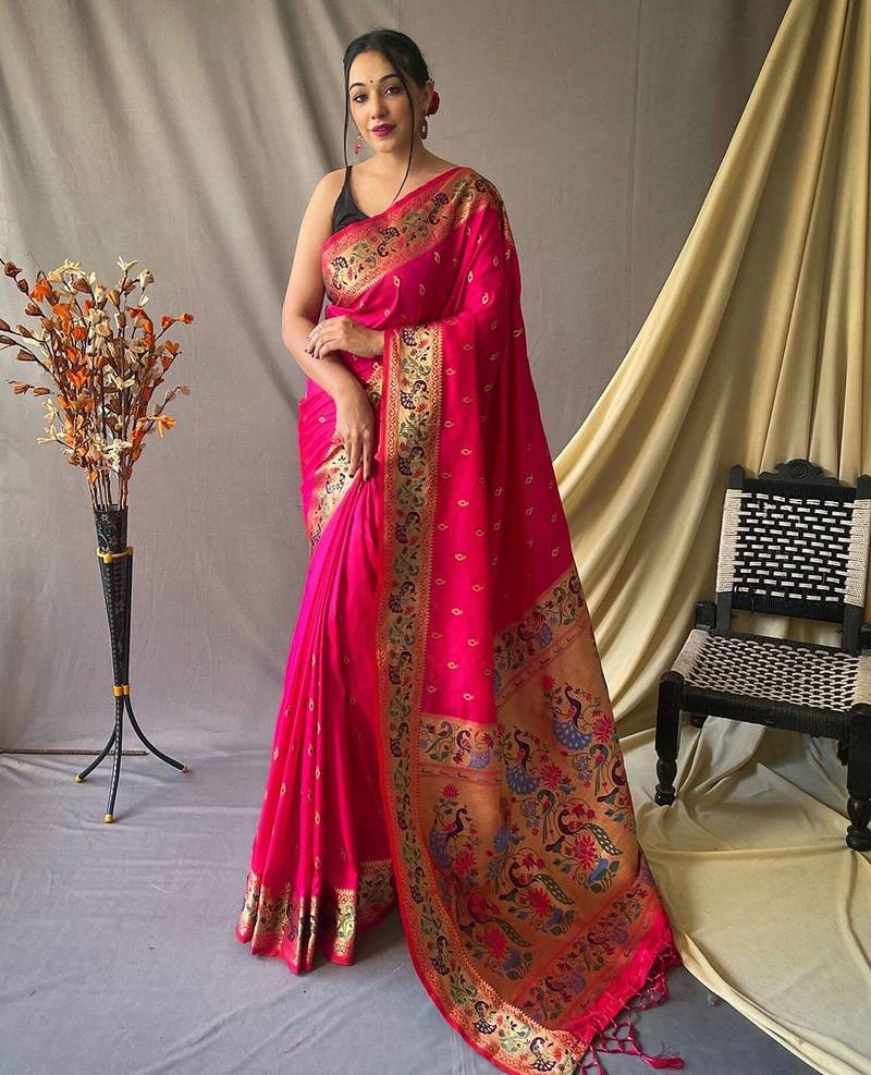 pink pink & gold-toned ethnic motif woven design zari paithani saree