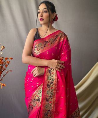 pink pink & gold-toned ethnic motif woven design zari paithani saree 3