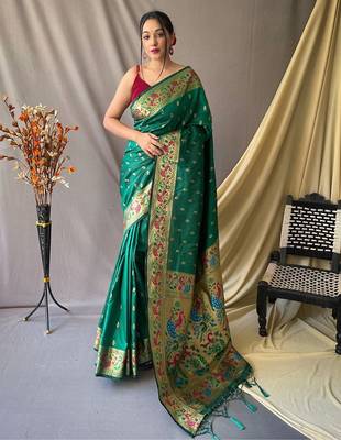 green green & gold-toned ethnic woven design zari paithani silk saree 1