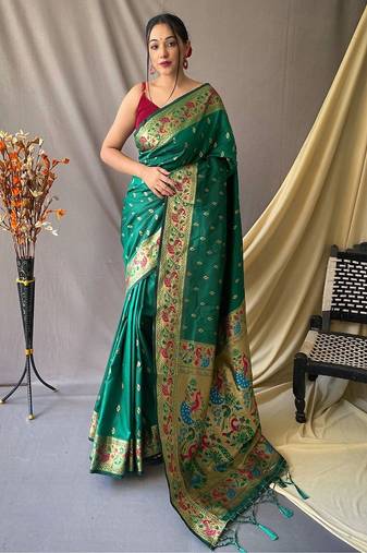 green green & gold-toned ethnic woven design zari paithani silk saree