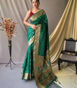 green green & gold-toned ethnic woven design zari paithani silk saree