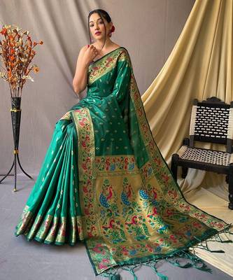 green green & gold-toned ethnic woven design zari paithani silk saree 2