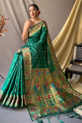 green green & gold-toned ethnic woven design zari paithani silk saree
