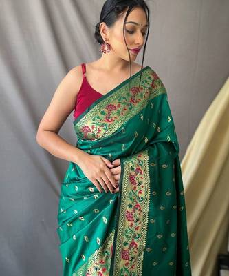 green green & gold-toned ethnic woven design zari paithani silk saree 3