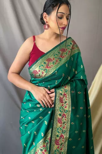green green & gold-toned ethnic woven design zari paithani silk saree