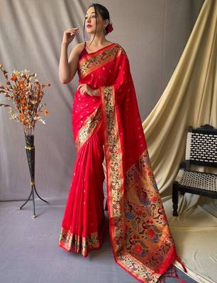 red red & blue ethnic woven design zari paithani silk saree 1
