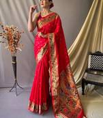 red red & blue ethnic woven design zari paithani silk saree