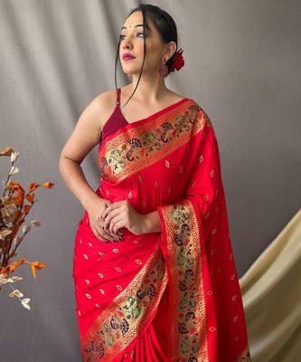 red red & blue ethnic woven design zari paithani silk saree 3