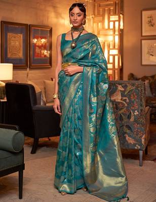 blue blue & gold-toned ethnic motifs zari silk blend banarasi saree 1