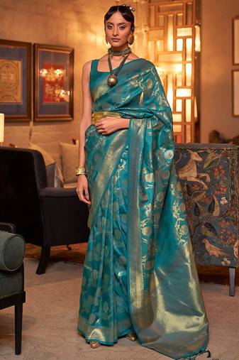 blue blue & gold-toned ethnic motifs zari silk blend banarasi saree