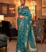 blue blue & gold-toned ethnic motifs zari silk blend banarasi saree