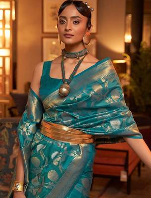 blue blue & gold-toned ethnic motifs zari silk blend banarasi saree 2