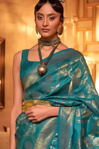 blue blue & gold-toned ethnic motifs zari silk blend banarasi saree