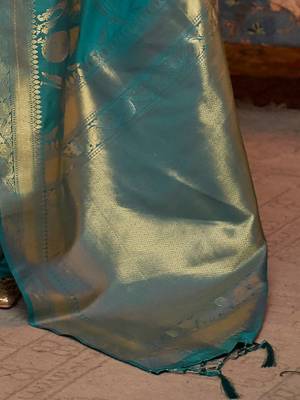 blue blue & gold-toned ethnic motifs zari silk blend banarasi saree 4