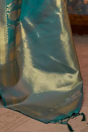 blue blue & gold-toned ethnic motifs zari silk blend banarasi saree