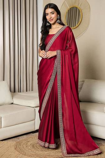 maroon embellished satin ready to wear saree