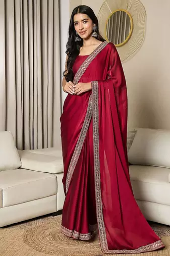 maroon embellished satin ready to wear saree