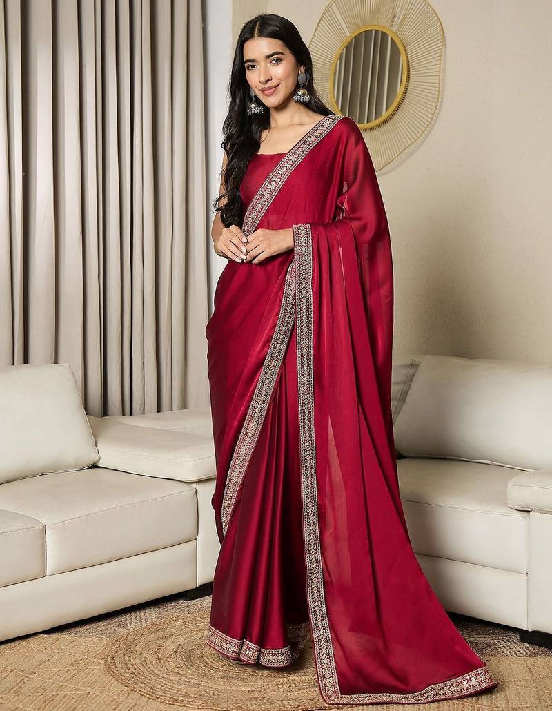 maroon embellished satin ready to wear saree