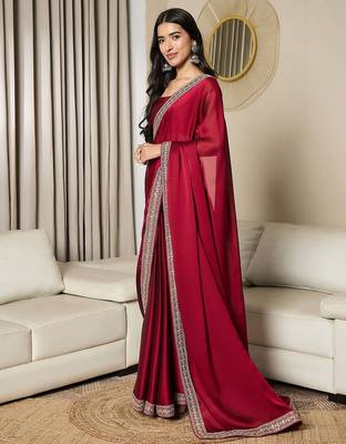 maroon embellished satin ready to wear saree 2