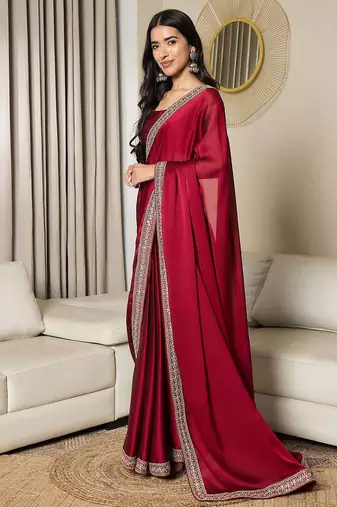 maroon embellished satin ready to wear saree