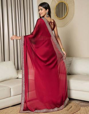 maroon embellished satin ready to wear saree 3