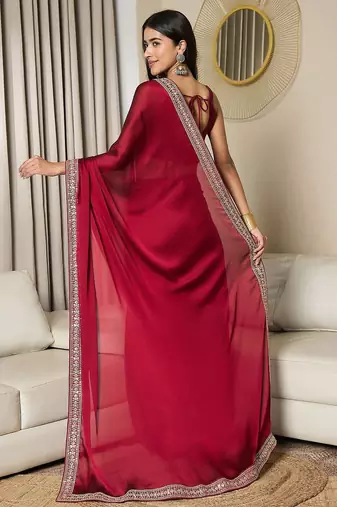 maroon embellished satin ready to wear saree