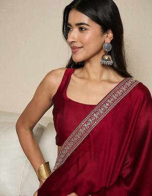 maroon embellished satin ready to wear saree 4