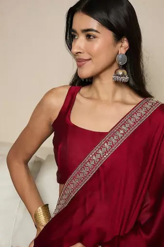 maroon embellished satin ready to wear saree