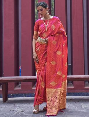 peach peach-coloured gold-toned bagh silk banarasi saree 1
