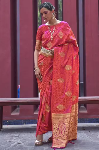 peach peach-coloured gold-toned bagh silk banarasi saree