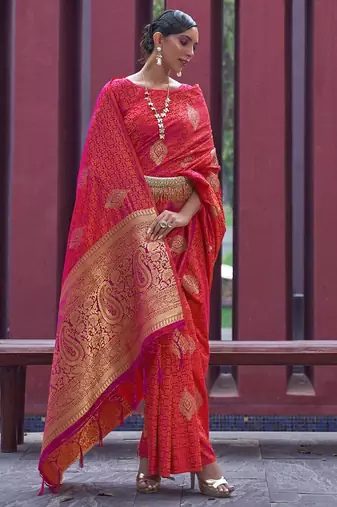 peach peach-coloured gold-toned bagh silk banarasi saree