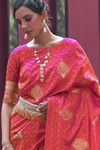 peach peach-coloured gold-toned bagh silk banarasi saree