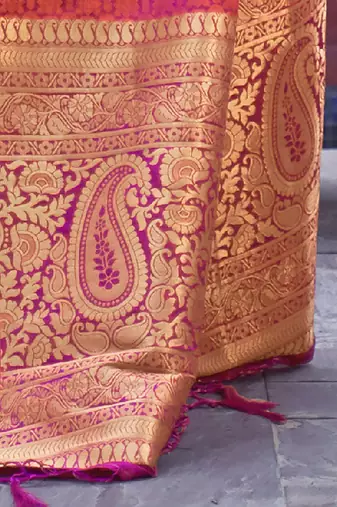 peach peach-coloured gold-toned bagh silk banarasi saree