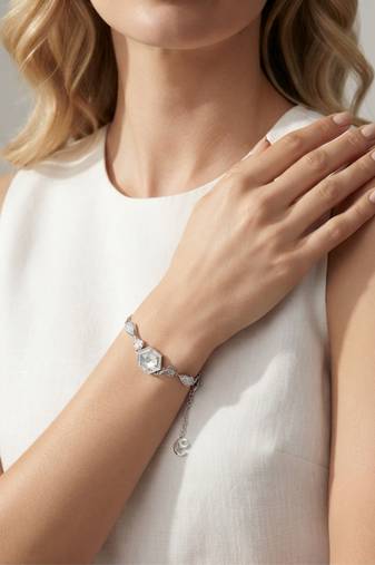925 Sterling Silver Elegant Rose Charm  Hexagon Crystal Bracelet for Women 