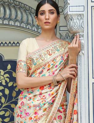cream cream-coloured & red floral silk blend saree 2