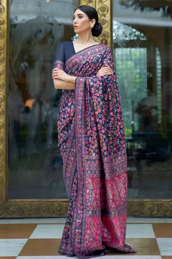 Pink pink & gold-coloured floral woven design silk blend banarasi saree