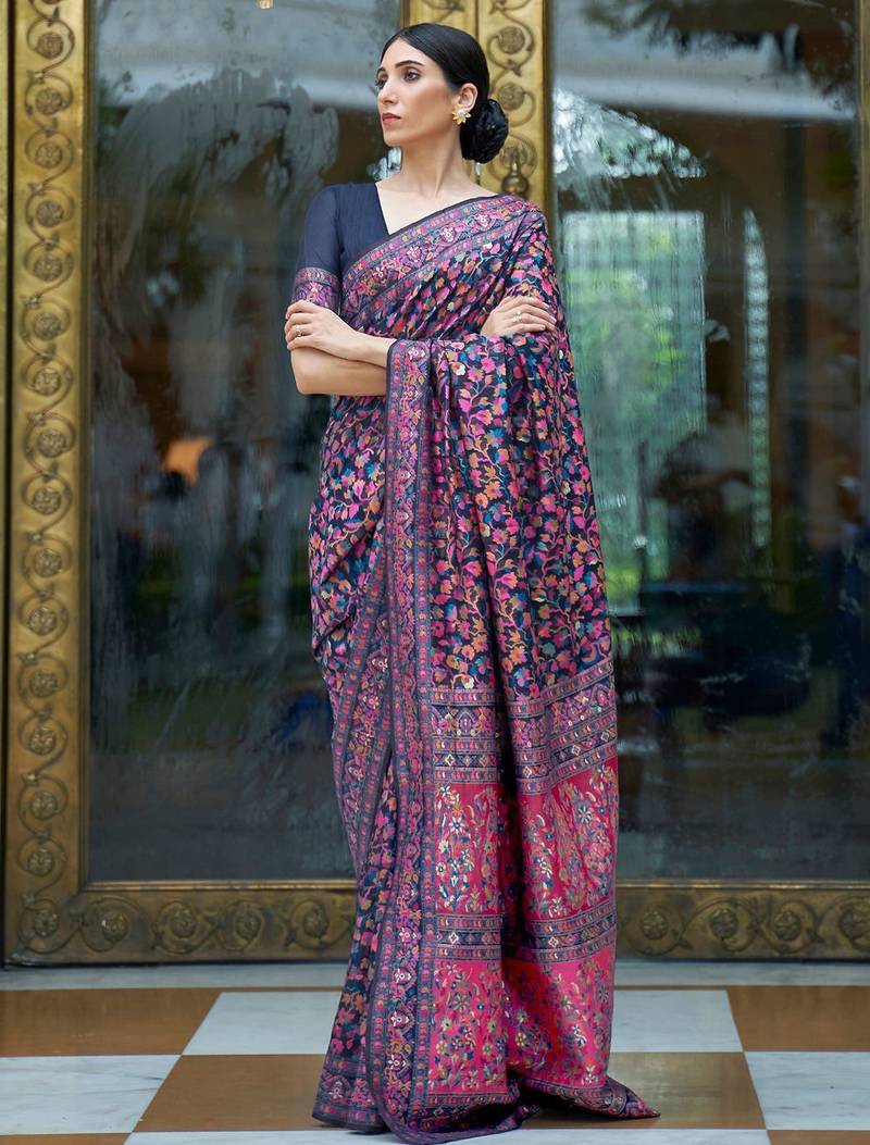 Pink pink & gold-coloured floral woven design silk blend banarasi saree