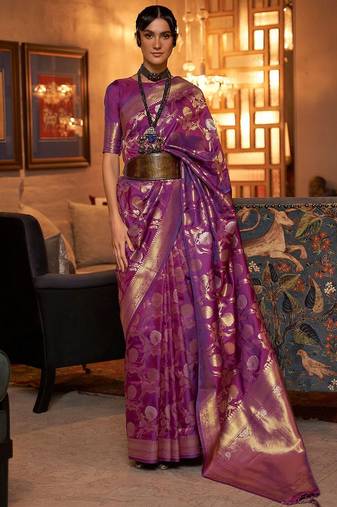 Teal teal & gold-toned woven design zari silk blend banarasi saree